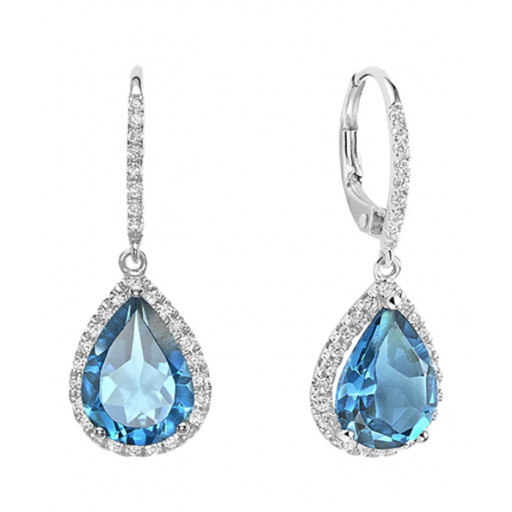Tiffany Style Teardrop Blue Topaz & Diamond Teardrop Halo Earrings in 10K White Gold