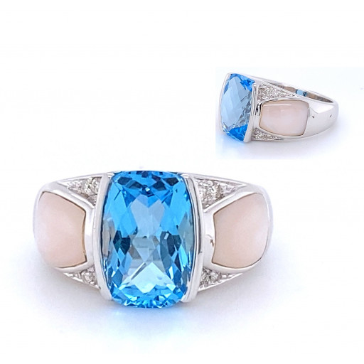 Harry Winston Inspired Blue Topaz, Mother of Pearl & Diamond Ring in 14K White Gold
