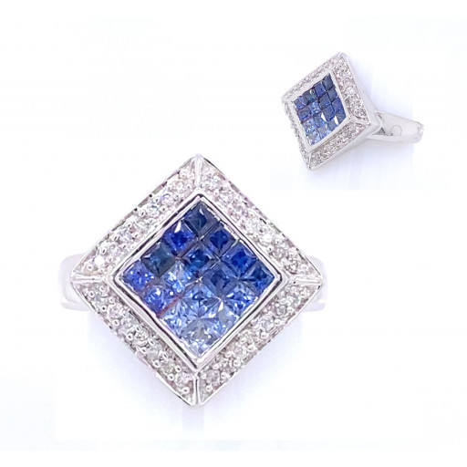 Invisbly Set Princess Cut Blue Sapphire & Diamond Ring in 14K White Gold