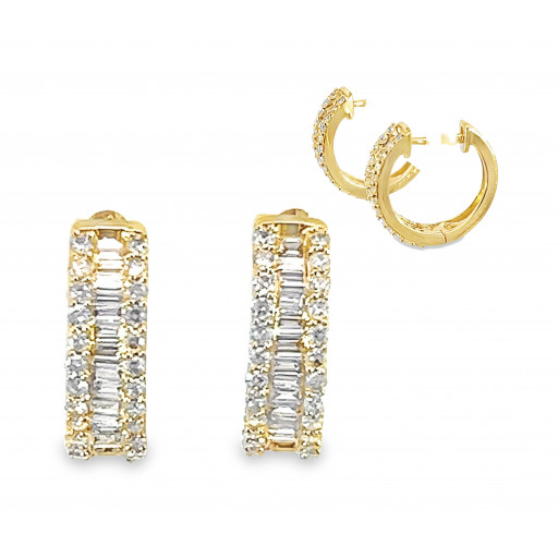 Cartier Inspired Baguette & Round Brilliant Cut Diamond Hoop Earrings in 14K Yellow Gold