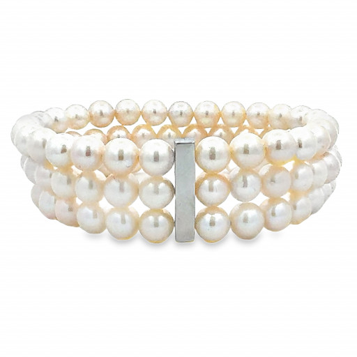 Mikimoto Inspired Three Strand Freshwater Cultured Pearl Bracelet in 14K White Gold