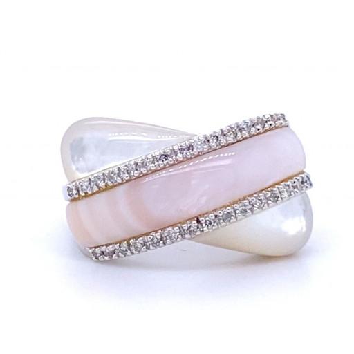 Cartier Inspired Pink & White Mother of Pearl & Diamond Ring in 14K White Gold