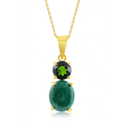 Oval Cabochon Cut Malachite & Round Diopside Pendant in Yellow Gold Plated Italian Sterling Silver