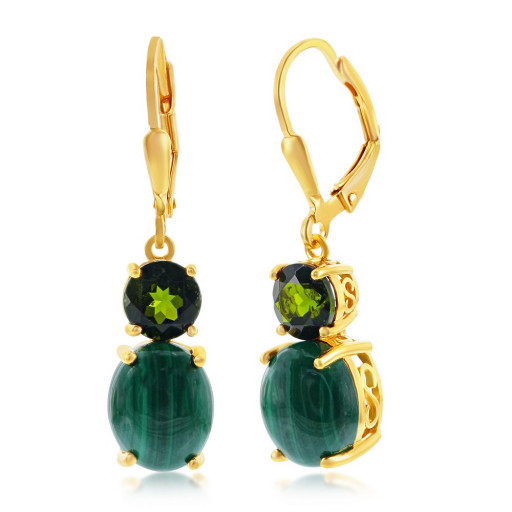 Oval Cabochon Cut Malachite & Round Diopside Drop Earrings  in Yellow Gold Plated Italian Sterling Silver