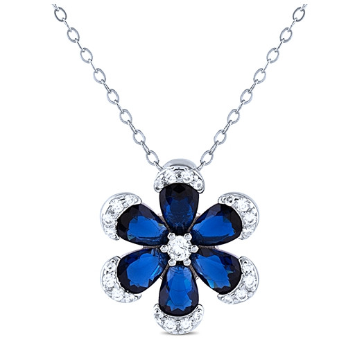 Tiffany Inspired Simulated Blue Sapphire & Swarovski Cubic Zirconia Floral Pendant in Italian Sterling Silver
