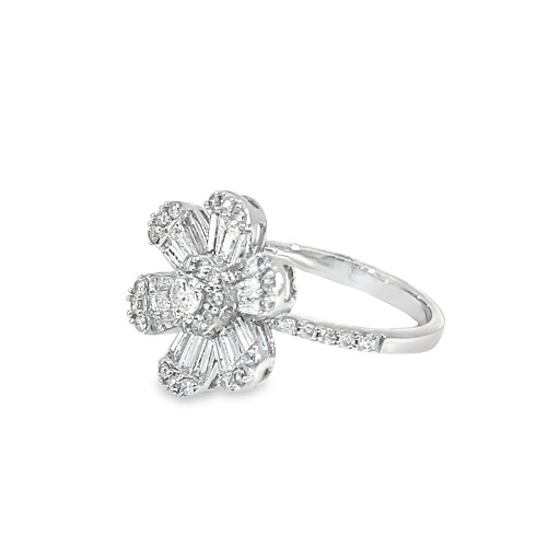 Van Cleef Inspired Baguette & Round Brilliant Cut Diamond Floral Ring in 14K White Gold