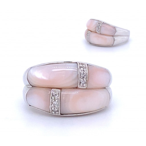 Cartier Inspired Pink Mother of Pearl & Diamond Ring in 14K White Gold