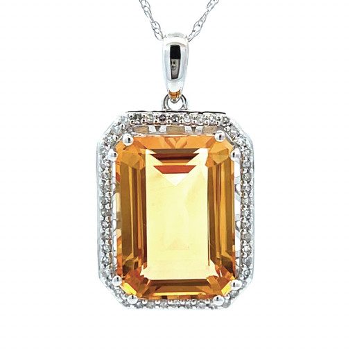 Harry Winston Inspired Citrine & Diamond Halo Pendant in 14K White Gold