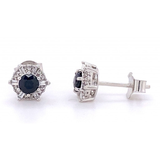 Round Brilliant Cut Blue Sapphire & Diamond Halo Stud Earrings in 14K White Gold