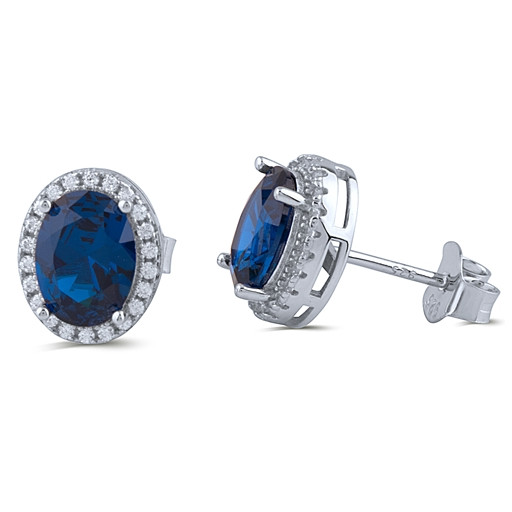 Princess Diana Simulated Blue Sapphire Halo Stud Earrings in Italian Sterling Silver