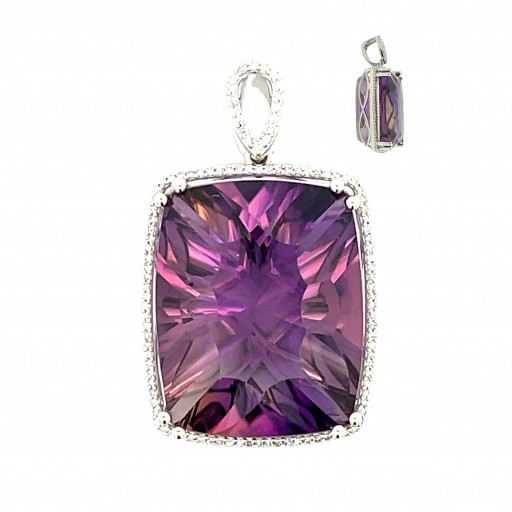 Harry Winston Inspired Multi Faceted Amethyst & Diamond Halo Pendant in 14K White Gold