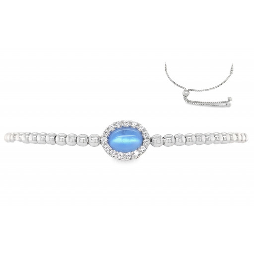 Cabochon Cut Blue Topaz Halo Bolo Bracelet in Italian Sterling Silver