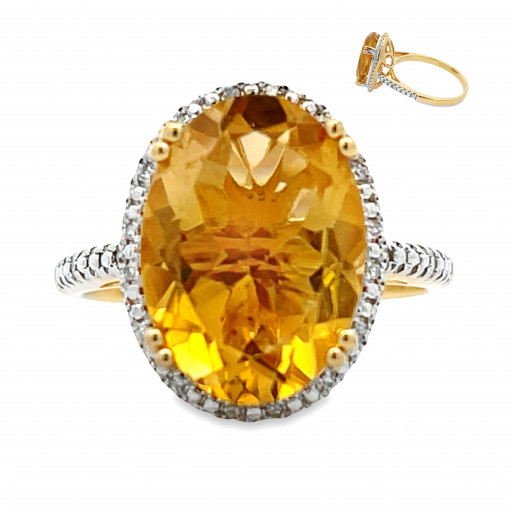 Harry Winston Inspired Faceted Citrine & Diamond Halo Ring in 14K Yellow Gold