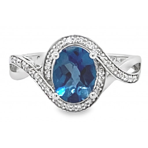 Tiffany Inspired London Blue Topaz & Diamond Ring in 14k White Gold