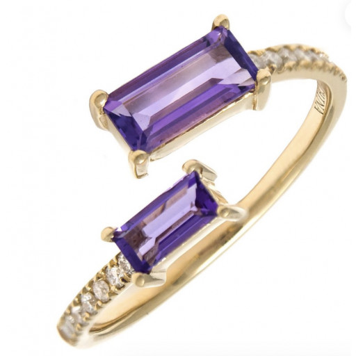 Emerald Cut Amethyst & Diamond Bypass Ring in 14K Yellow Gold