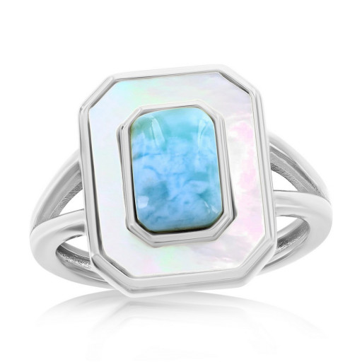 Rectangular Larimar & Mother of Pearl Ring in Italian Sterling Silver