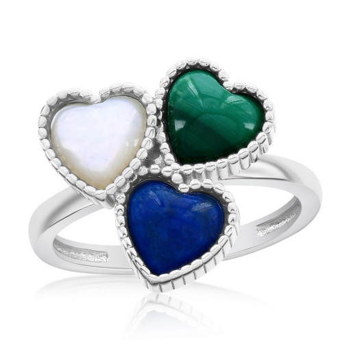 Past, Present & Future Mother of Pearl, Malachite & Lapis Heart Ring in Italian Sterling Silver