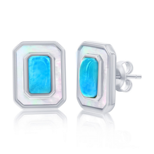 Rectangular Larimar & Mother of Pearl Stud Earrings in Italian Sterling Silver