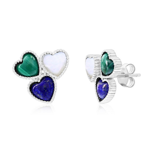 Past, Present & Future Mother of Pearl, Malachite & Lapis Heart Stud Earrings in Italian Sterling Silver