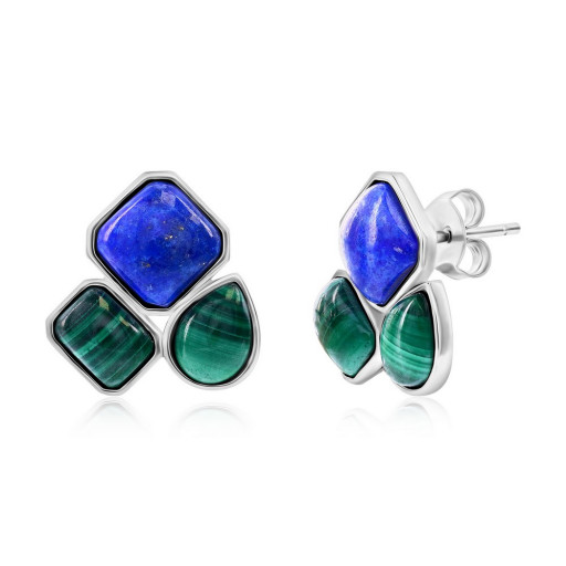 Multi Shape Malachite & Lapis Stud Earrings in Italian Sterling Silver