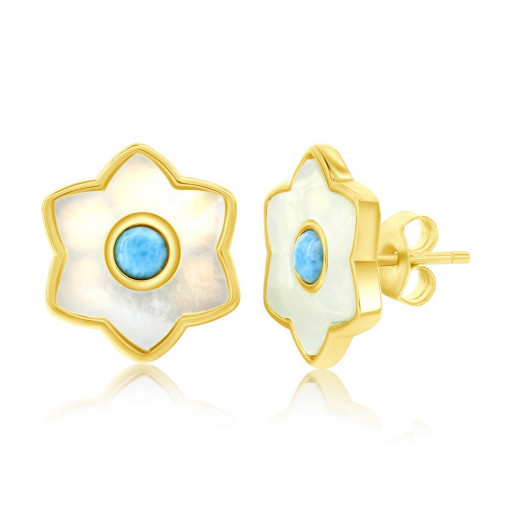 Larimar & Mother of Pearl Floral Stud Earrings in Yellow Gold Plated Italian Sterling Silver