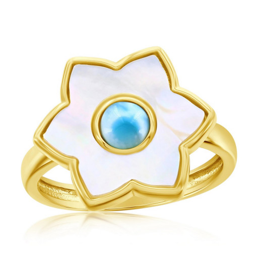 Larimar & Mother of Pearl Floral Ring s in Yellow Gold Plated Italian Sterling Silver