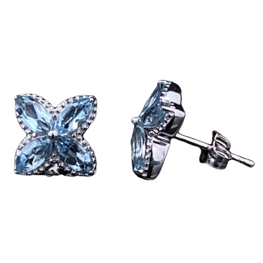 Floral Stud Earrings With Santa Maria Marquis Aquamarine in 14K White Gold