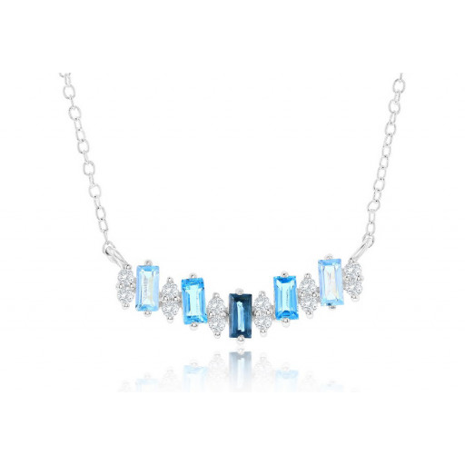 Multi Colour Baguette Blue Topaz With White Topaz Necklace in Italian Sterling Silver