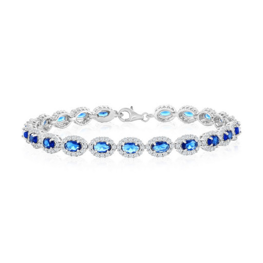 Oval Shaped Halo Bracelet With Simulated Blue Sapphire & White Topaz