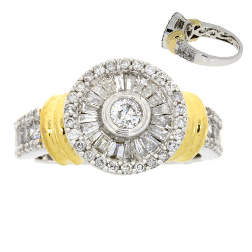 Cartier Inspired Baguette & Round Brilliant Cut Diamond Ring in Two Tone 10K Gold