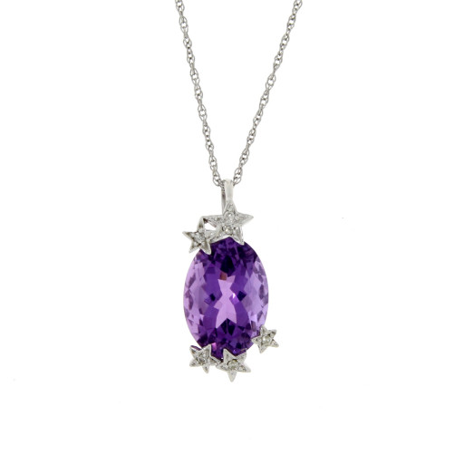 Oval Amethyst & Star Diamond Pendant in 10K White Gold