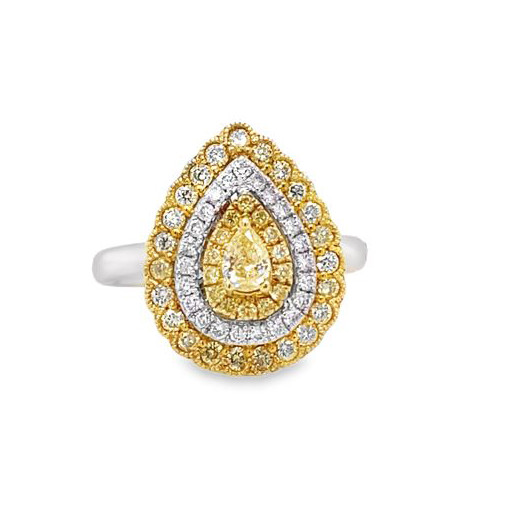 Harry Winston Inspired Teardrop Shape Yellow & White Diamond Ring in 14K White Gold