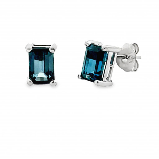 Emerald Cut London Blue Topaz Studs in 10K White Gold