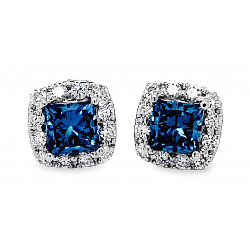 Tiffany Inspired Blue & White Diamond Halo Stud Earrings in 14K White Gold