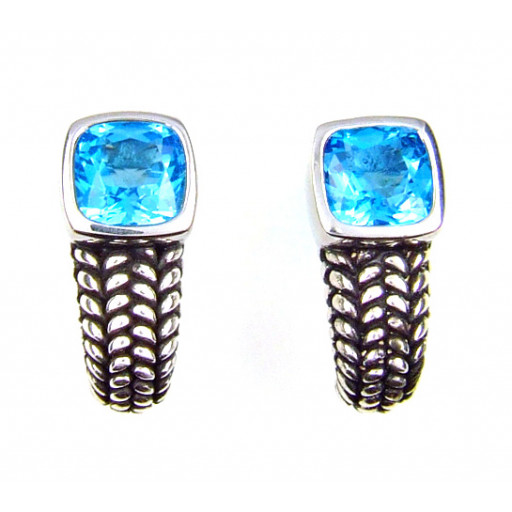 David Yurman Inspired Cushion Cut Blue Topaz Earrings in Italian Sterling Silver