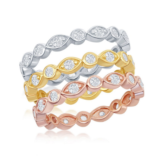 Tri Colour Stackable Swarovski Cubic Zirconia Eternity Bands in Tri Colour Italian Sterling Silver