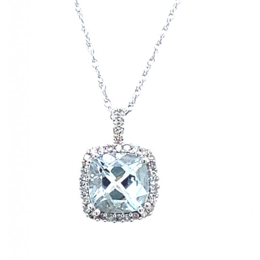 Cushion Cut Aquamarine & Diamond Halo Pendant in 10K White Gold