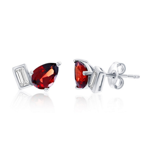 Cartier Inspired Pear Shape Garnet & Emerald Cut White Topaz Stud Earrings in Italian Sterling Silver