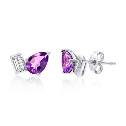 Cartier Inspired Pear Shape Amethyst & Emerald Cut White Topaz Stud Earrings in Italian Sterling Silver