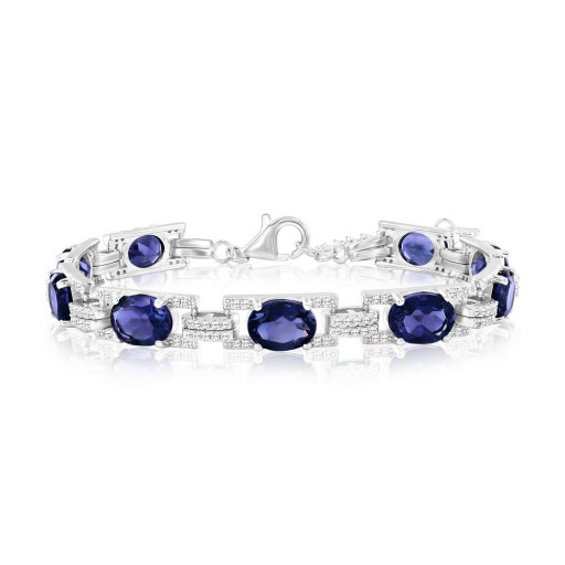 Cartier Inspired Oval Cut Sapphire & White Topaz Tennis Bracelet in Italian Sterling Silver