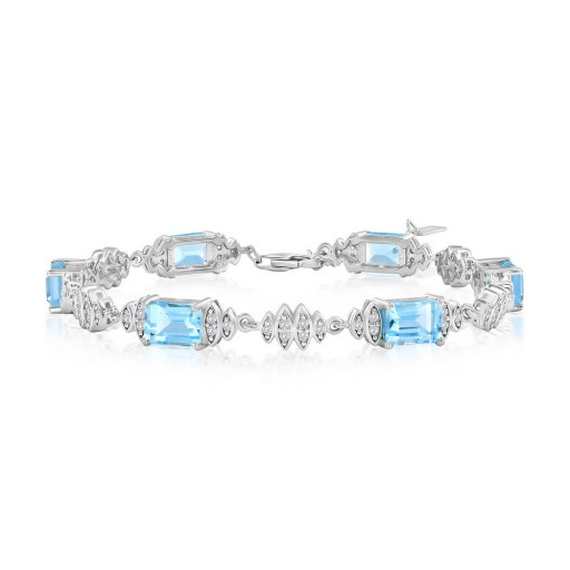 Cartier Inspired Emerald Cut Blue Topaz & White Topaz Tennis Bracelet in Italian Sterling Silver