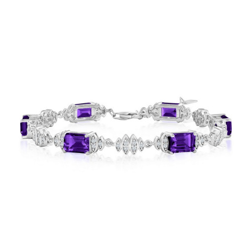 Cartier Inspired Emerald Cut Amethyst & White Topaz Tennis Bracelet in Italian Sterling Silver