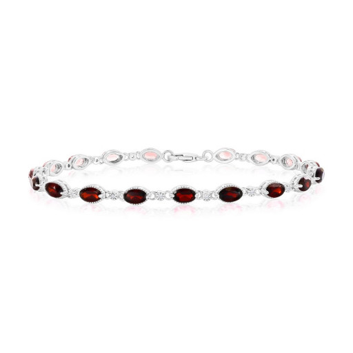 Cartier Inspired East-West Garnet & White Topaz Bracelet in Italian Sterling Silver