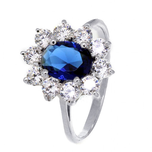 Princess Diana Style Ladies Ring. Cubic Zirconia & Simulated Blue Sapphire in Sterling Silver