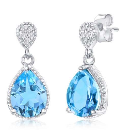 Cartier Inspired Teardrop Blue Topaz & White Topaz Earrings in Italian Sterling Silver