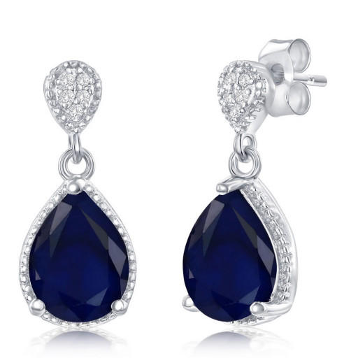 Cartier Inspired Teardrop Diffused Sapphire & White Topaz Earrings in Italian Sterling Silver