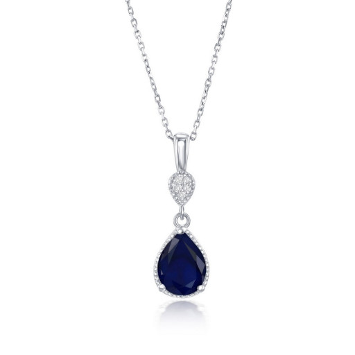 Cartier Inspired Teardrop Diffused Sapphire & White Topaz Pendant in Italian Sterling Silver