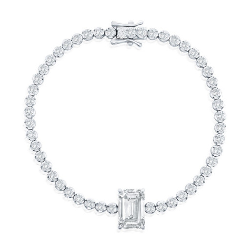 Tiffany Inspired Swarovski Cubic Zirconia With Large Emerald Cut Tennis Bracelet in Italian Sterling Silver