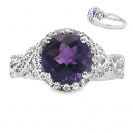 Harry Winston Inspired Faceted Round Amethyst Halo Ring in 14K White Gold