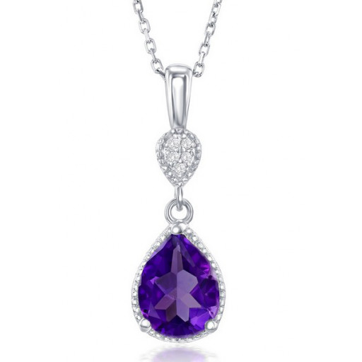 Cartier Inspired Teardrop Amethyst & White Topaz Pendant in Italian Sterling Silver